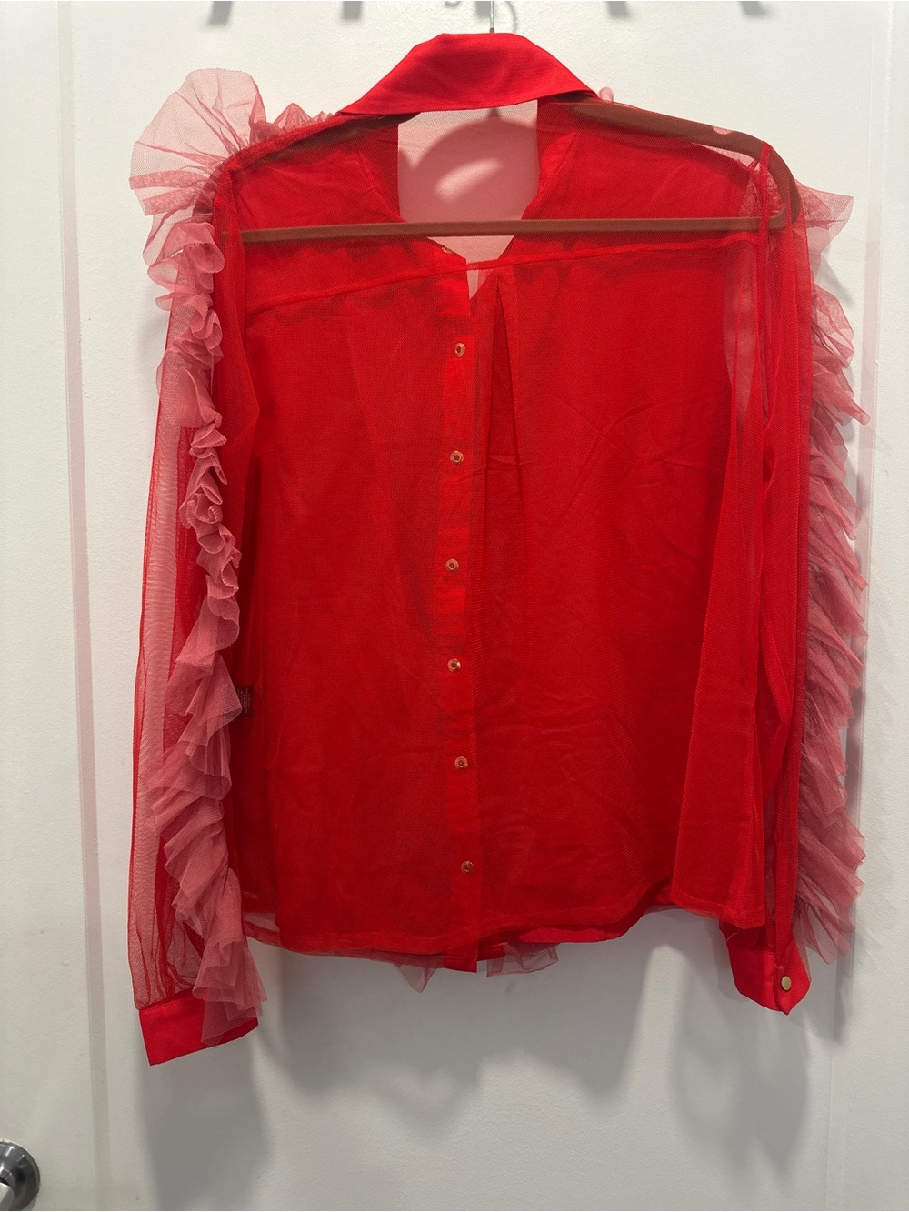 House Of Holland Red Pink Ruffle Sheer Button Down Blouse Designer Eccentric - Picture 4 of 9